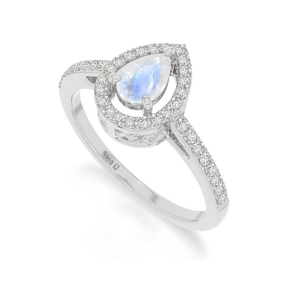 925 Sterling Silver Pear Shape 1 Ctw Moonstone Gemstone Solitaire Accents Women Engagement Ring, Wedding, Anniversary Rings, Gift For Her_5.5