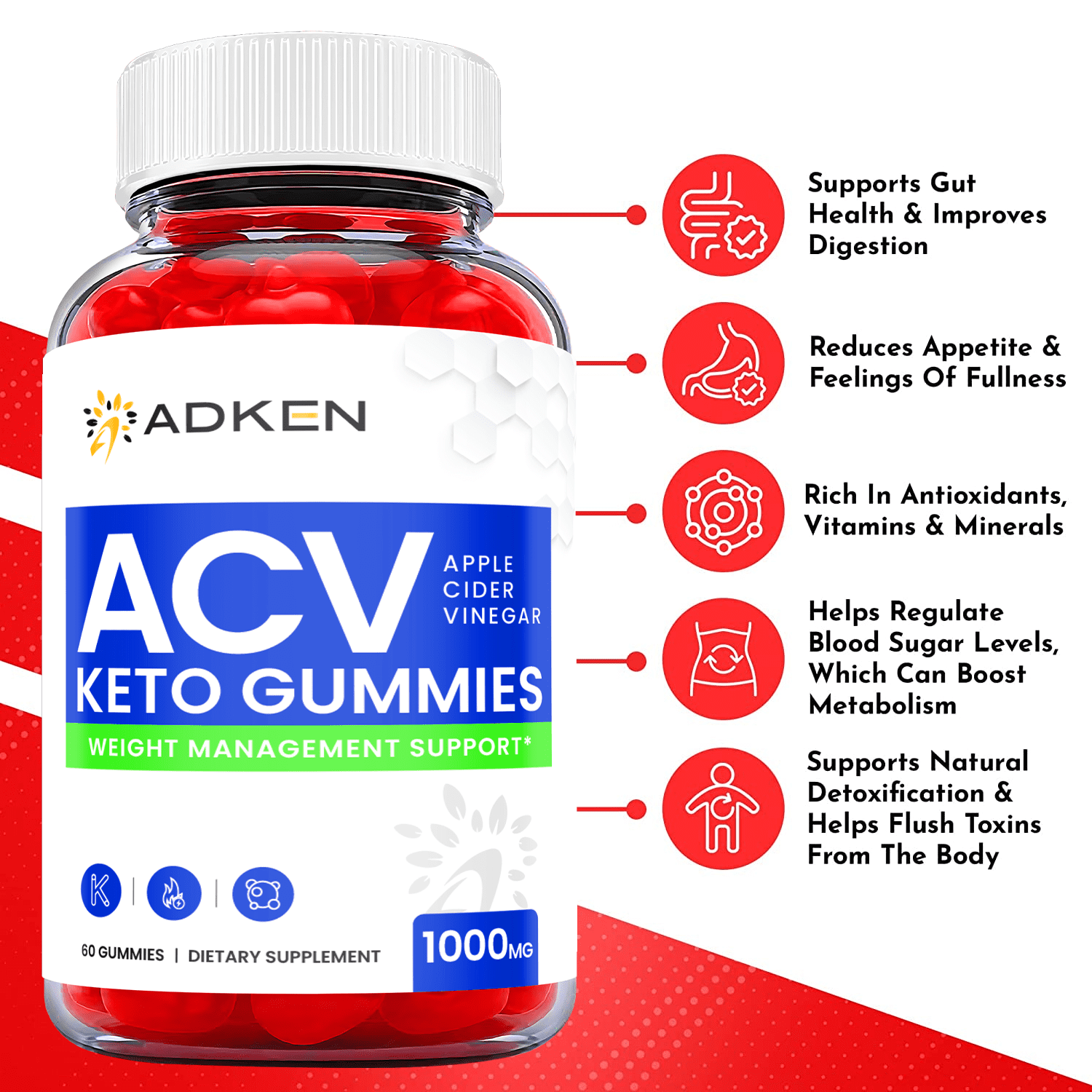 (5 Pack) Adken Keto ACV Gummies - Supplement for Weight Loss - Energy & Focus Boosting Dietary Supplements for Weight Management & Metabolism - Fat Burn - 300 Gummies