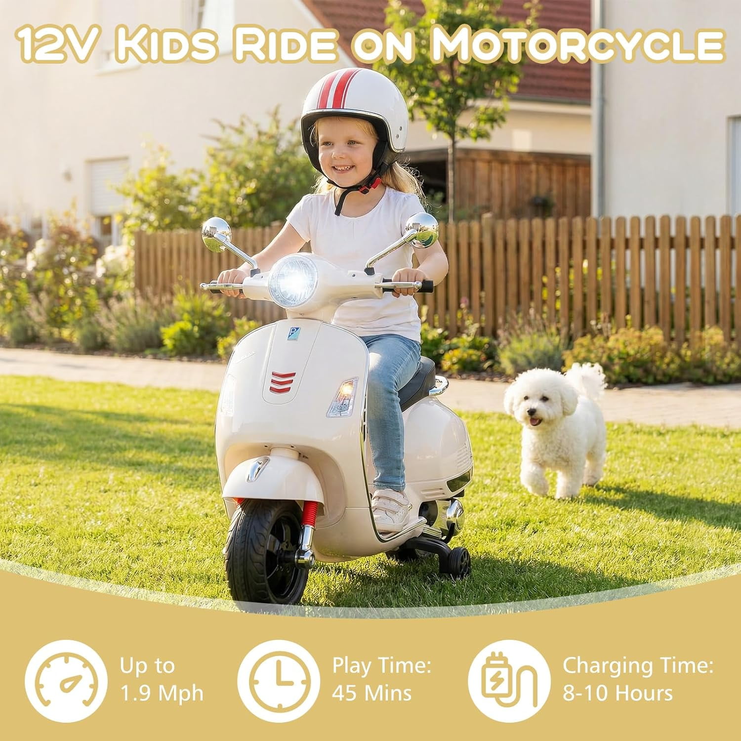 Licensed Vespa 12V Kids Motorcycle by OLAKIDS with Training Wheels, Music, Story, Horn, Lights for 3-6 Years
