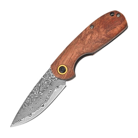 Steel Pocket Tactical Small Compact Knife For Hiking And Outdoor Adventure For Camping Damascus Patterns Brown