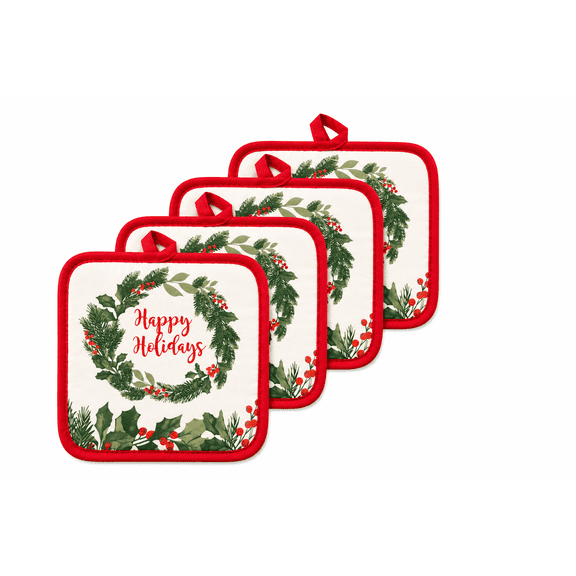 Christmas Potholders 4 Pack Happy Holidays Kitchen Hot Pads Cotton 7x7 Inch Heat Resistant Red Holiday Pot Holders