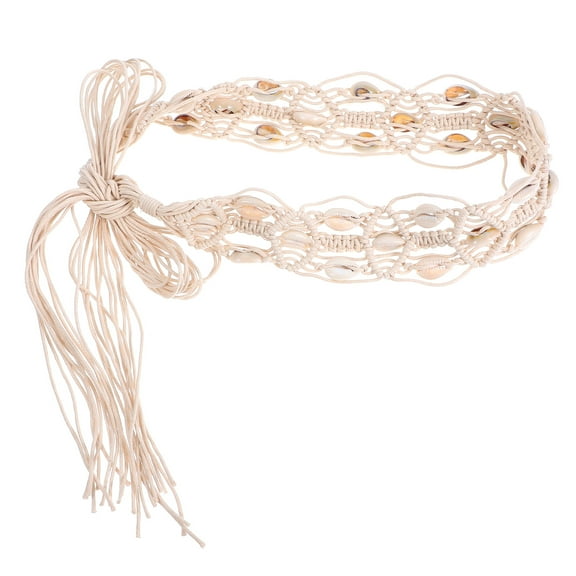 OFFIGAM Beige Boho Macrame Belt for Women with Adjustable Tie Closure and Shell Accents Stylish Wide Waistband Accessory