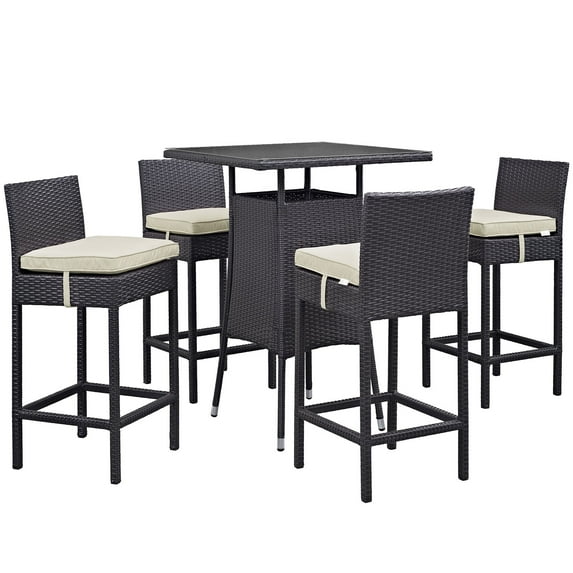 Modern Contemporary Urban Design Outdoor Patio Balcony Five PCS Pub Bar Chairs and Table Set, Beige, Rattan
