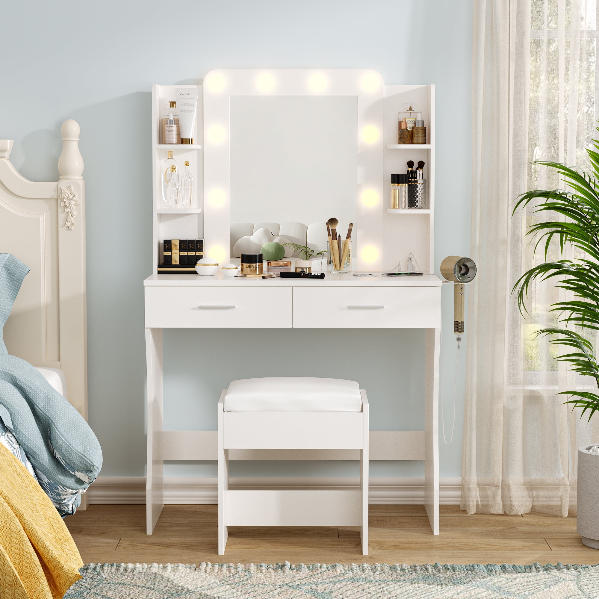 Vabches Vanity Set with Mirror and Lights & Power Outlet Makeup Vanity with 2 Drawers& 6 Shelves, White