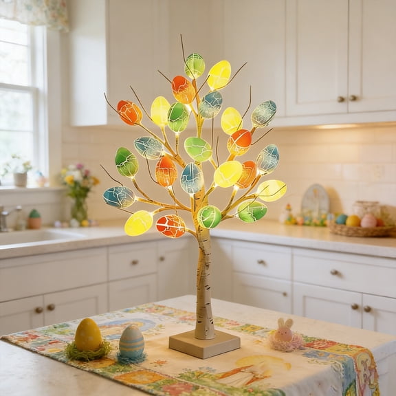 Lighted Easter Egg Tree Tabletop 24 Inch Artificial Easter Decorations For Home Birch Tree Lights Include 24 Pieces Egg Ornament For Home Office Bedroom Spring Easter Decorations
