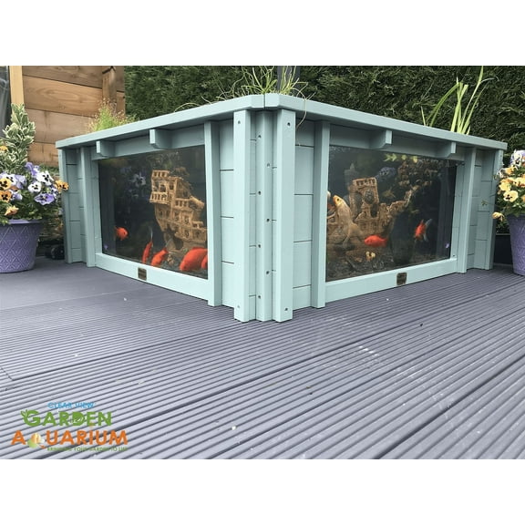 Raised Square Wood Pond with Large Windows Lotus Clear View Garden Aquarium in Green - 172 Gallons