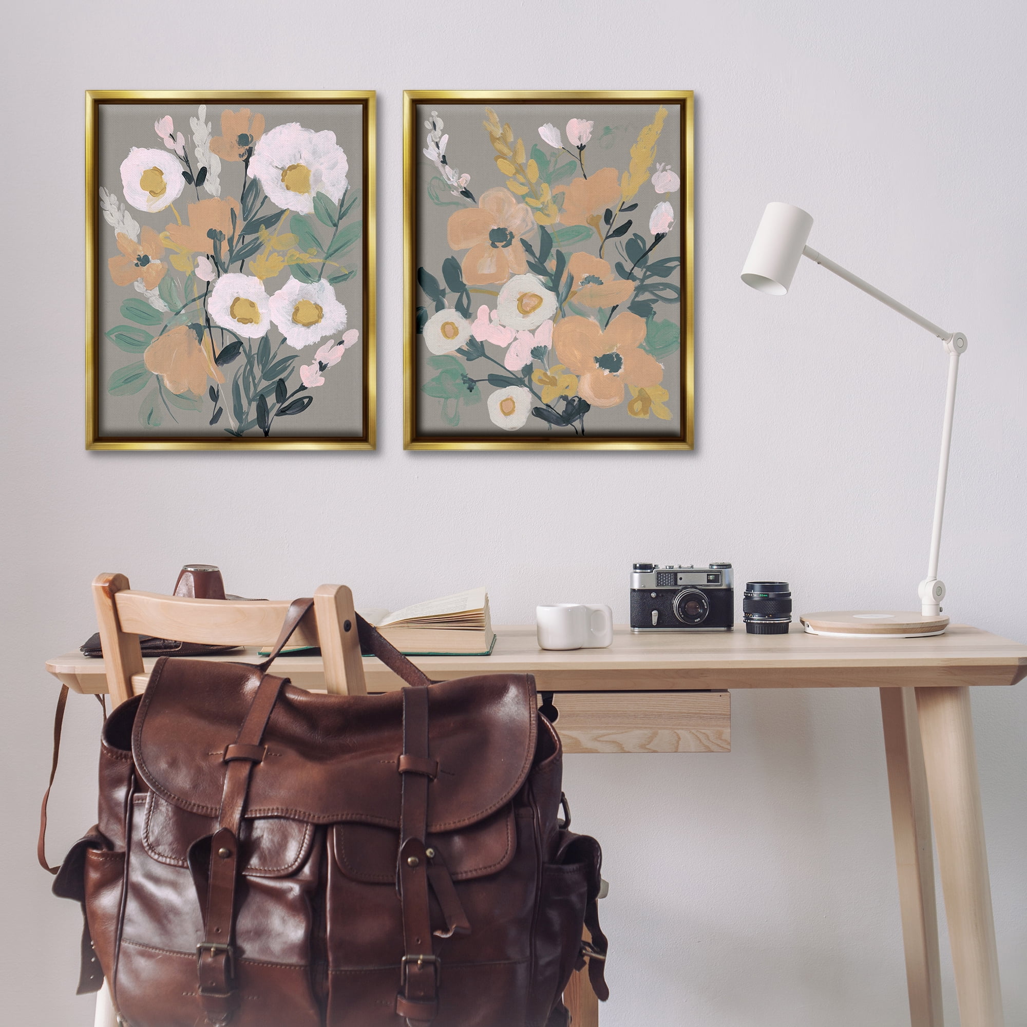 Stupell Industries Cheery Floral Bouquet Plants & Flowers Painting Gold Floater Framed Canvas Art Print Wall Art, 31 x 25, Set of 2