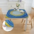 thumbnail image 2 of HAOXIT  Boho Circle Stitch Vinyl Tablecloth with Flannel Backing, Blue, Yellow and Coral Spring and Summer Indoor Outdoor Flannel Backed Vinyl Tablecloth, Square/Rectangle white, 2 of 7