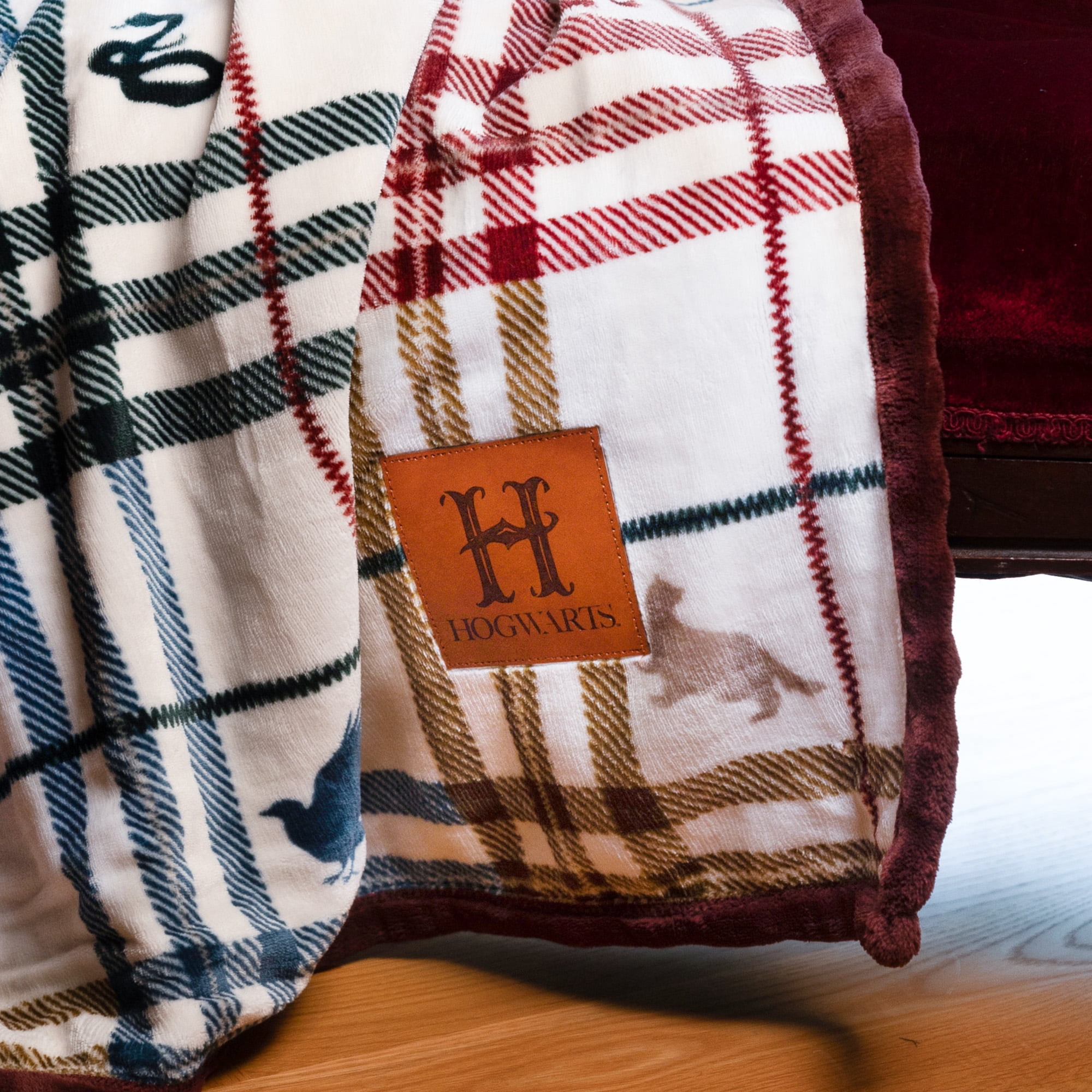 Harry Potter Academic Plaid Tartan Crest with Faux Leather Patch and Milky Mink Reverse Throw, 60x70 inches