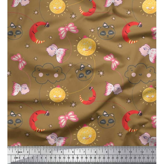 Soimoi Brown Cotton Duck Fabric Moon,Insect & Panda Face Kids Decor Fabric Printed BTY 42 Inch Wide