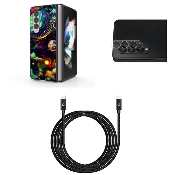 Accessory Bundle for Galaxy Z Fold 4: Slim Snap-On Case (Planet Cosmos), Rear Camera Glass Protector, Nylon Braided USB-C to USB-C Cable (4 Feet)