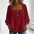 thumbnail image 4 of WAGUTH Women's Cotton Linen Tops 3/4 Puff Sleeve Square Neck Button Down Shirts Summer Casual Tees S-XXL,Red,L, 4 of 6