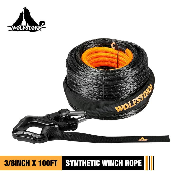 3/8 inchx100ft Synthetic Winch Rope Line Recovery Cable w/Winch Hook for ATV UTV Suv, Size: 3/8x100FT, Black