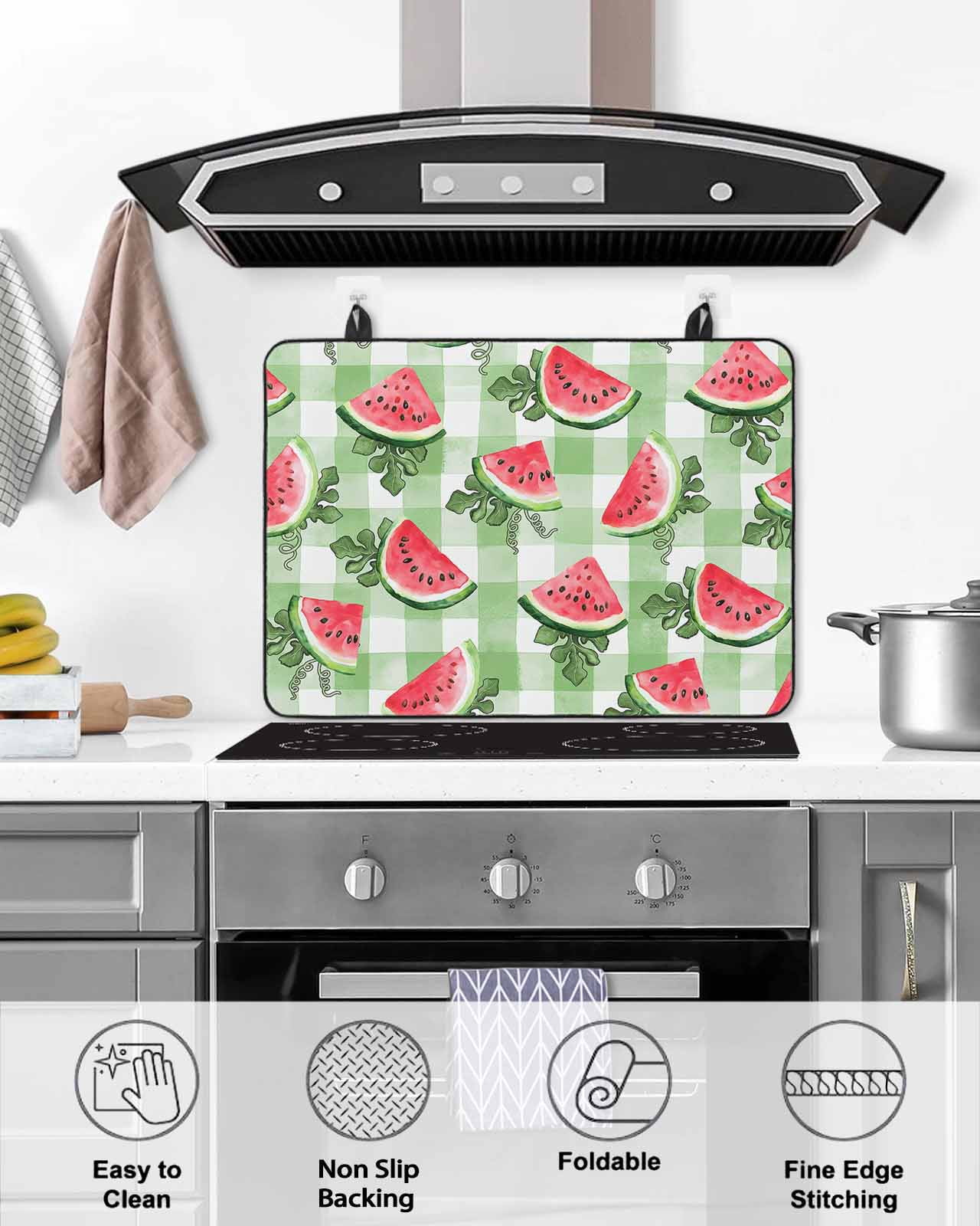nqOlkjepod Large Induction Cooktop Protector Mat 28.5"x20.5", Red Watermelon Stove Top Covers for Electric Stove, Summer Leaves Green Plaid Farm Pastoral Stove Burner Cover Mats Stove Cover