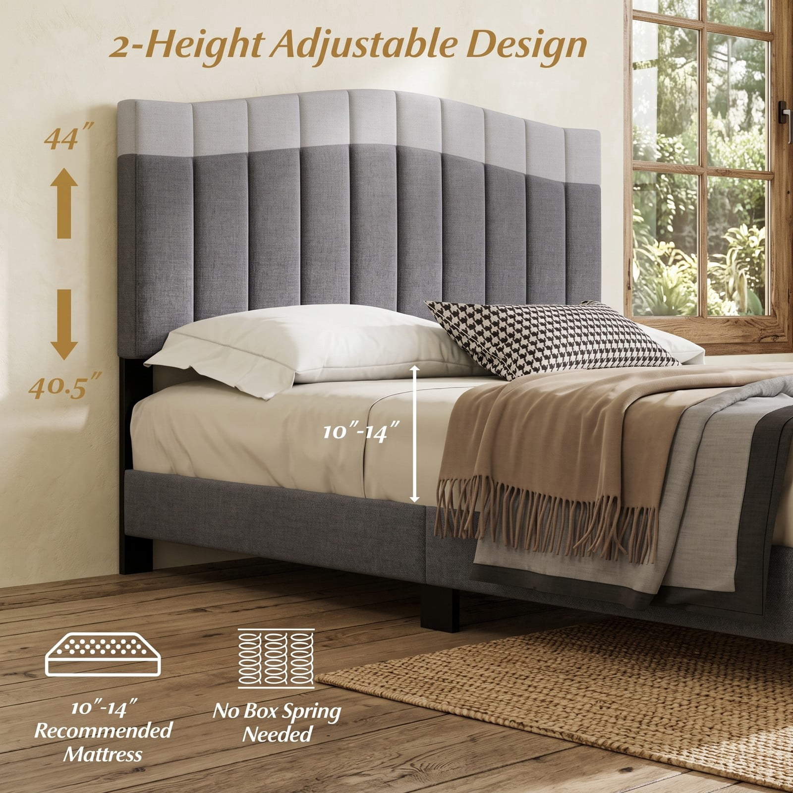 Furnibear Queen Size Bed Frame Upholstered Platform Bed with Adjustable Channel Tufted Wingback Headboard, No Box Spring Needed, Gray