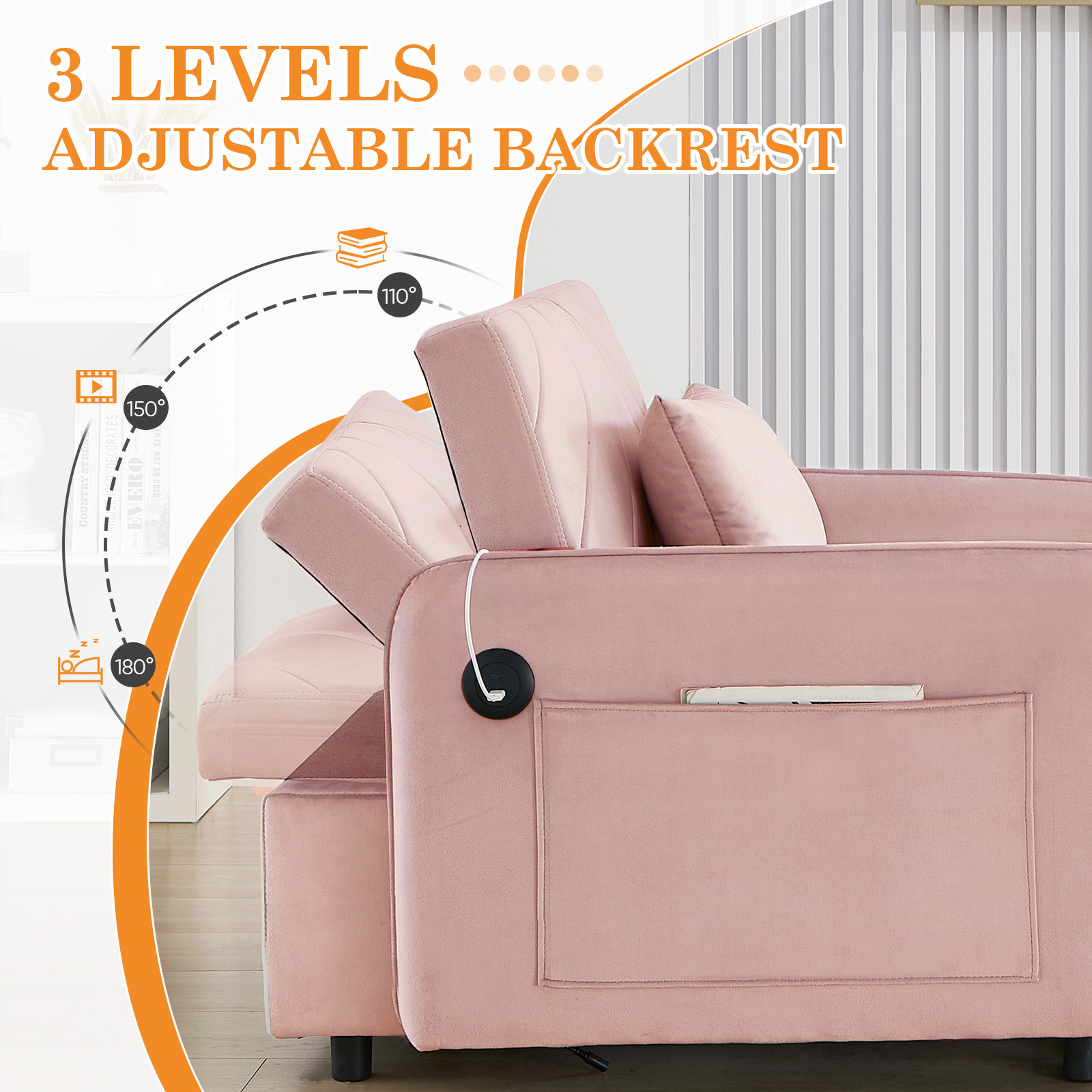 Lunale Convertible Sleeper Chair Bed, Indoor Lounge Chair with USB, Velvet Single Sofa Bed, Pink