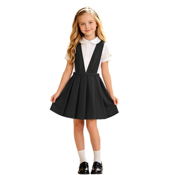 WOYY Girls School Uniform Pleated Pinafore Dress Casual Sleeveless Jumper Dress, Black