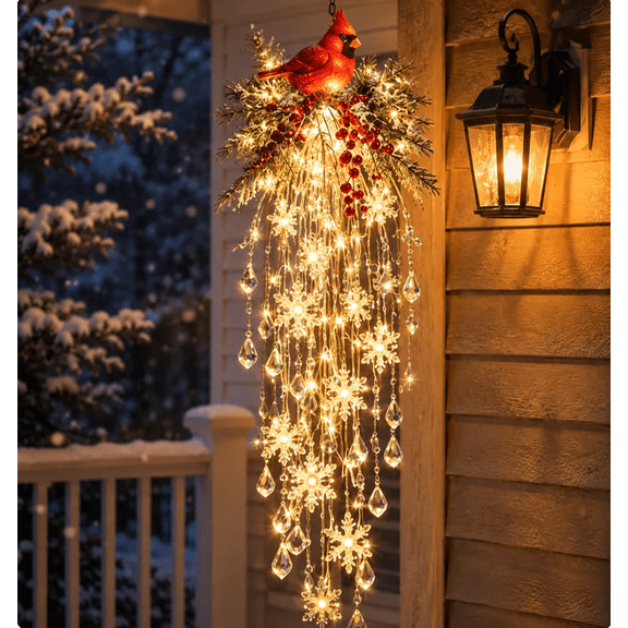 Crystal Cascade Christmas Light, Hanging Outdoor Porch Light Decor, Sparkling Festive Accent for Patio Entryway Christmas Home Display