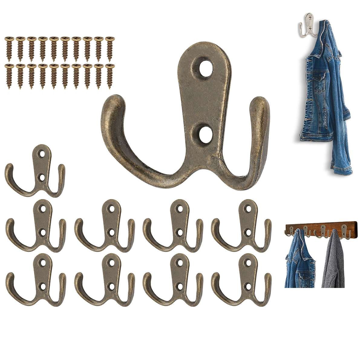 Luxtrada 10 Pack Heavy Duty Double Prong Coat Hooks with 20 Screws