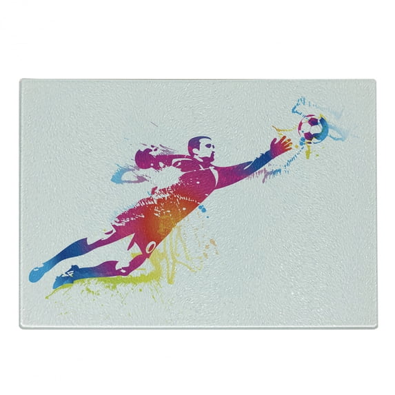 Soccer Cutting Board, Goalkeeper Catches the Ball Goal Star Training International Game Spray Design, Decorative Tempered Glass Cutting and Serving Board, Small Size, Multicolor, by Ambesonne