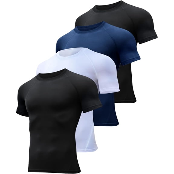 Alpinario Men's 4 Pack Compression Shirts, Short Sleeve Athletic Workout Tops, Black, Blue, White, Small