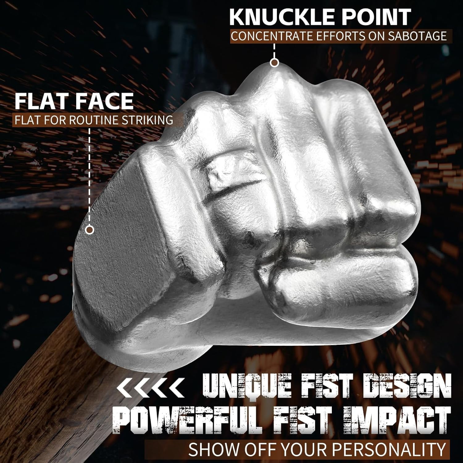 Fist Hammer 2 lbs, Sledge Hammer Fist Shaped Stainless Steel, Ball Peen Hammers with Wooden Handle, Multi-Purpose Tool for DIY Crafting, Outdoor Camping, Home/Office Decor, Gifts for Men