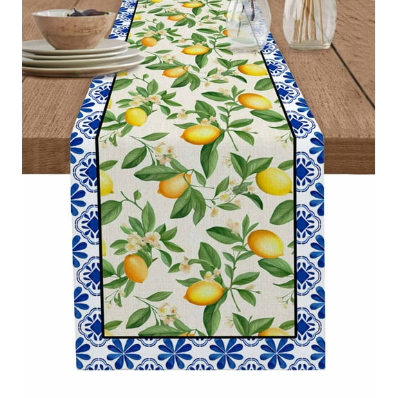 Summer Lemon Burlap-Cotton Table Runner 70 Inches Long,Green Botanical Watercolor Fruits Blue Farmhouse Table Runners,Outdoor Dining Tablecloths Decor for Baby Shower Party Wedding 13x70