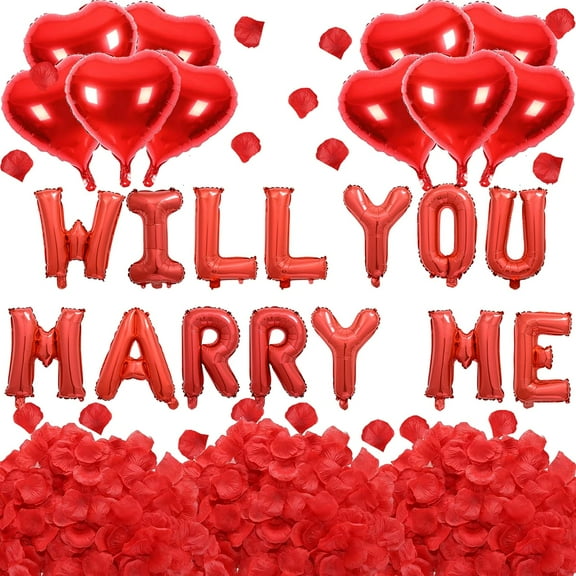 Janrevotw Red WILL YOU MARRY ME Balloons - 14pcs 16" Letter Balloons 10pcs 18" Heart Balloons with 1200pcs Red Artificial Rose Petals Alphabet Foil Mylar Balloons for Valentines Day Decorations