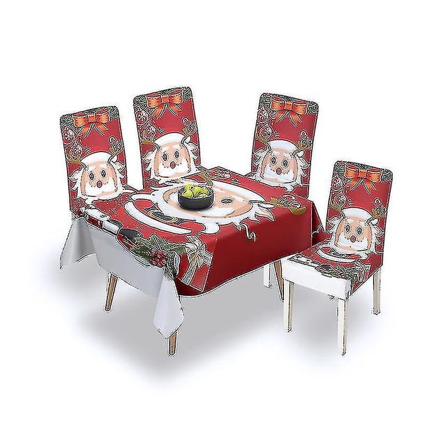 Mantel navideño con 4 fundas para sillas de comedor, mantel de restaurante impermeable y a prueba de aceite, asiento elástico