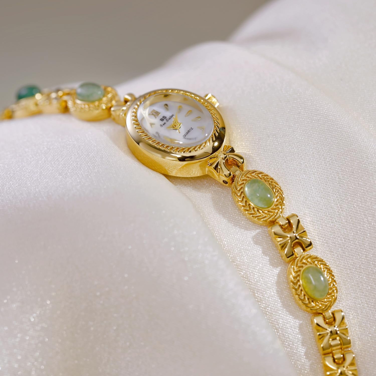 Gold Watches for Women with Small Vintage Bracelet Elegant Jade Oval Dial Dress Watch Fashion Quartz Wrist Watch Waterproof Watch