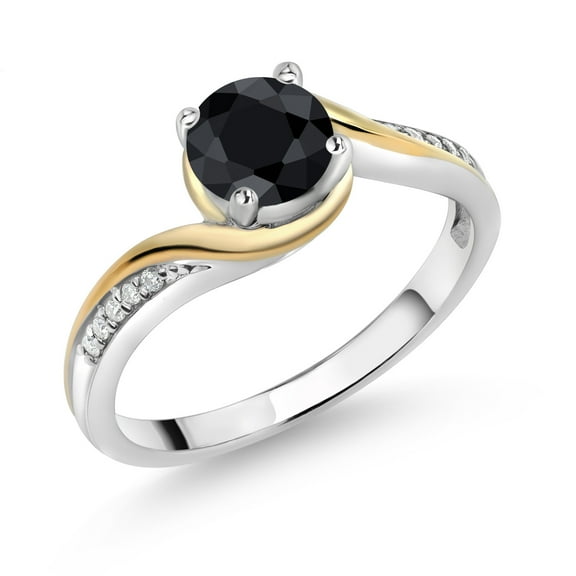 Gem Stone King 925 Silver and 10K Yellow Gold Ring Round Black Sapphire and Moissanite (1.20 Cttw, Size 9)