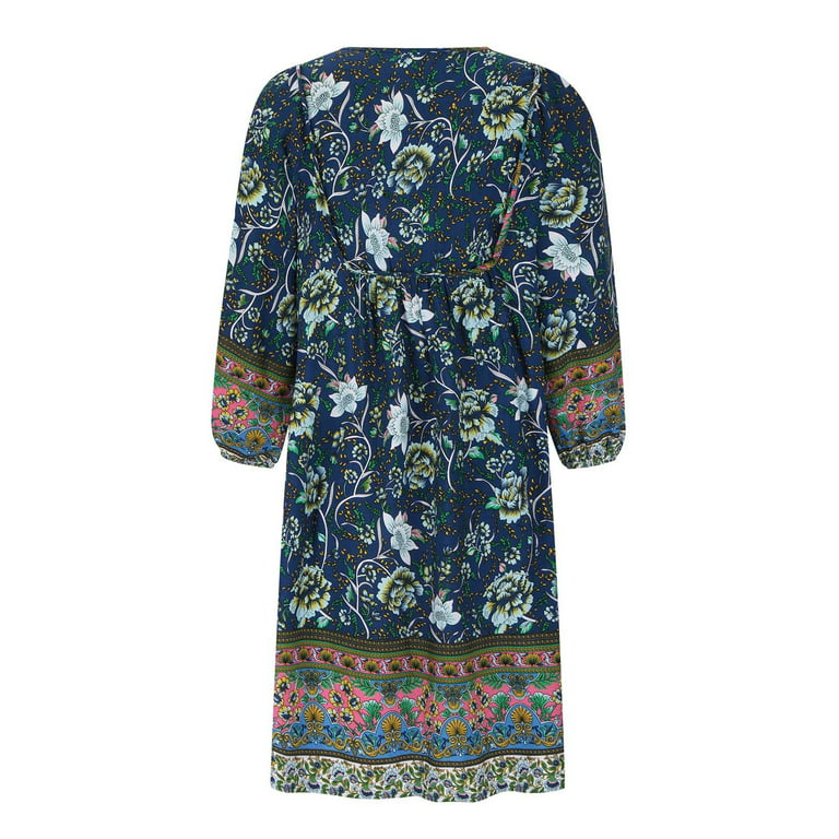 yoeyez Boho Dress for Women Casual Puff 3/4 Sleeve Vintage Summer Sundress  Flower Print V Neck Bohemian Mini Dresses