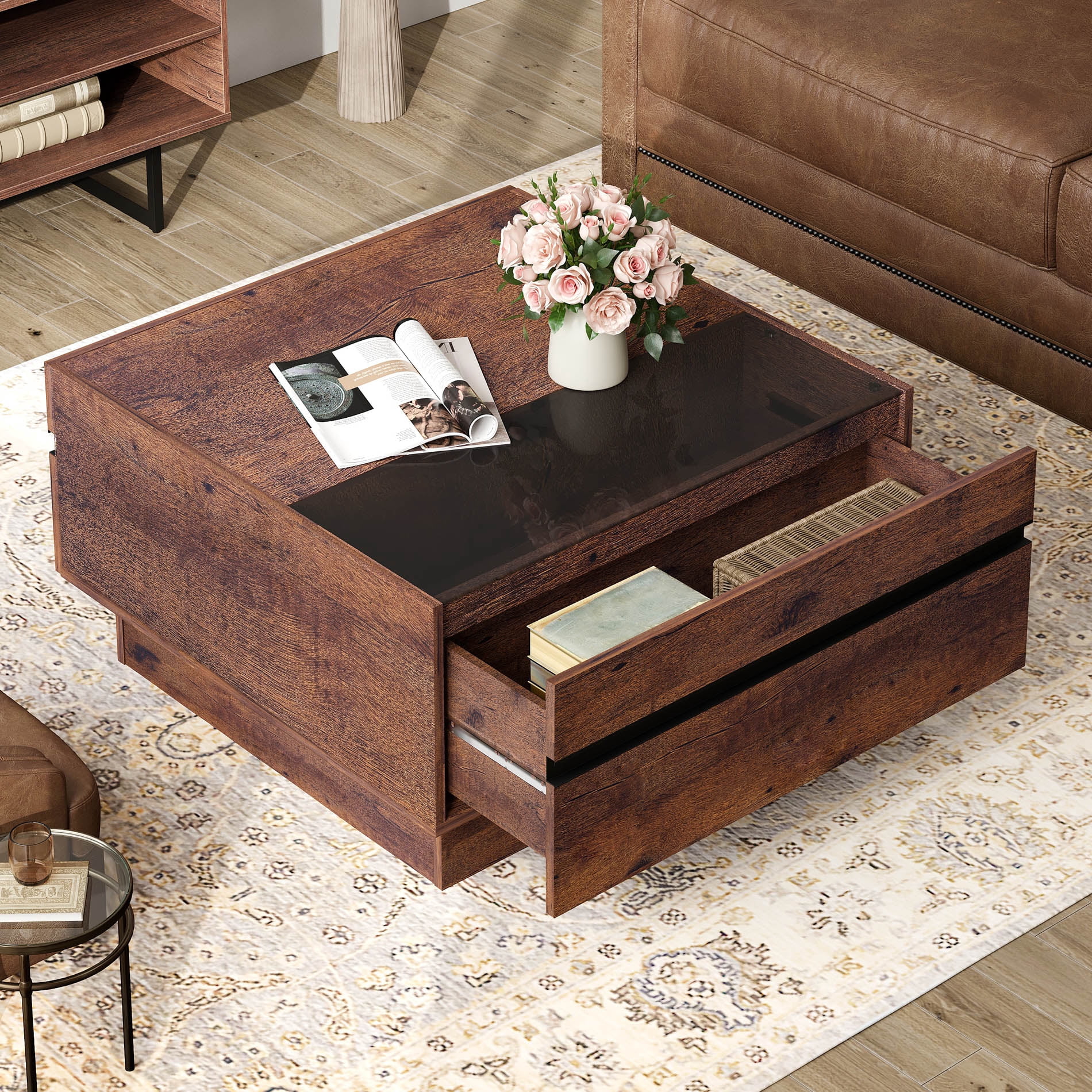 Modern Square Coffee Table with Tempered Glass Top,2 Drawer Hidden Storage, Walnut Wood Grain, Living Room Center Table,Brown