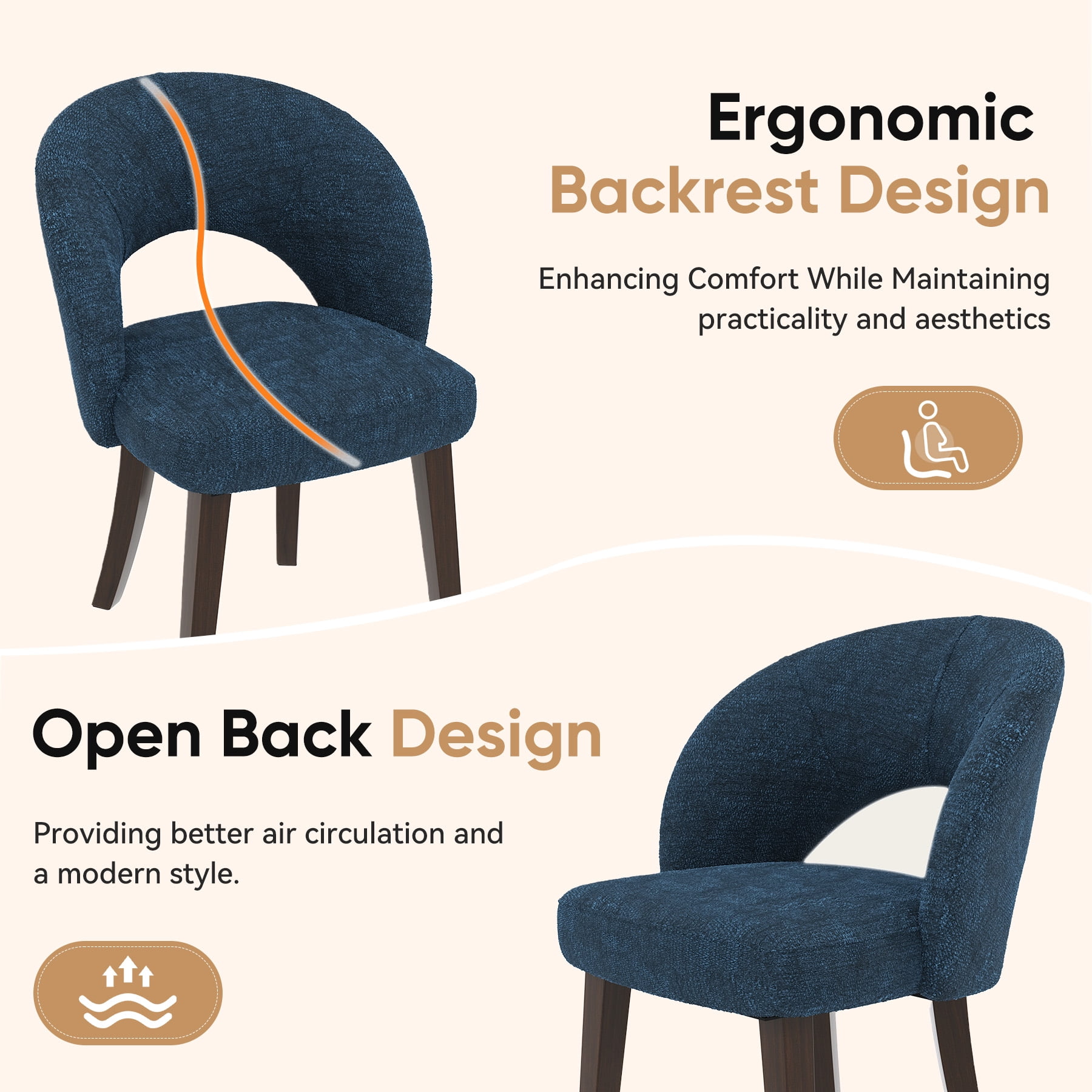 MOONNISS Upholstered Dining Chairs Set of 4, Mid Century Modern Dining Chairs with Solid Wood Legs, Curved Back Kitchen Chairs, Farmhouse Side Chairs for Dining Room,Blue
