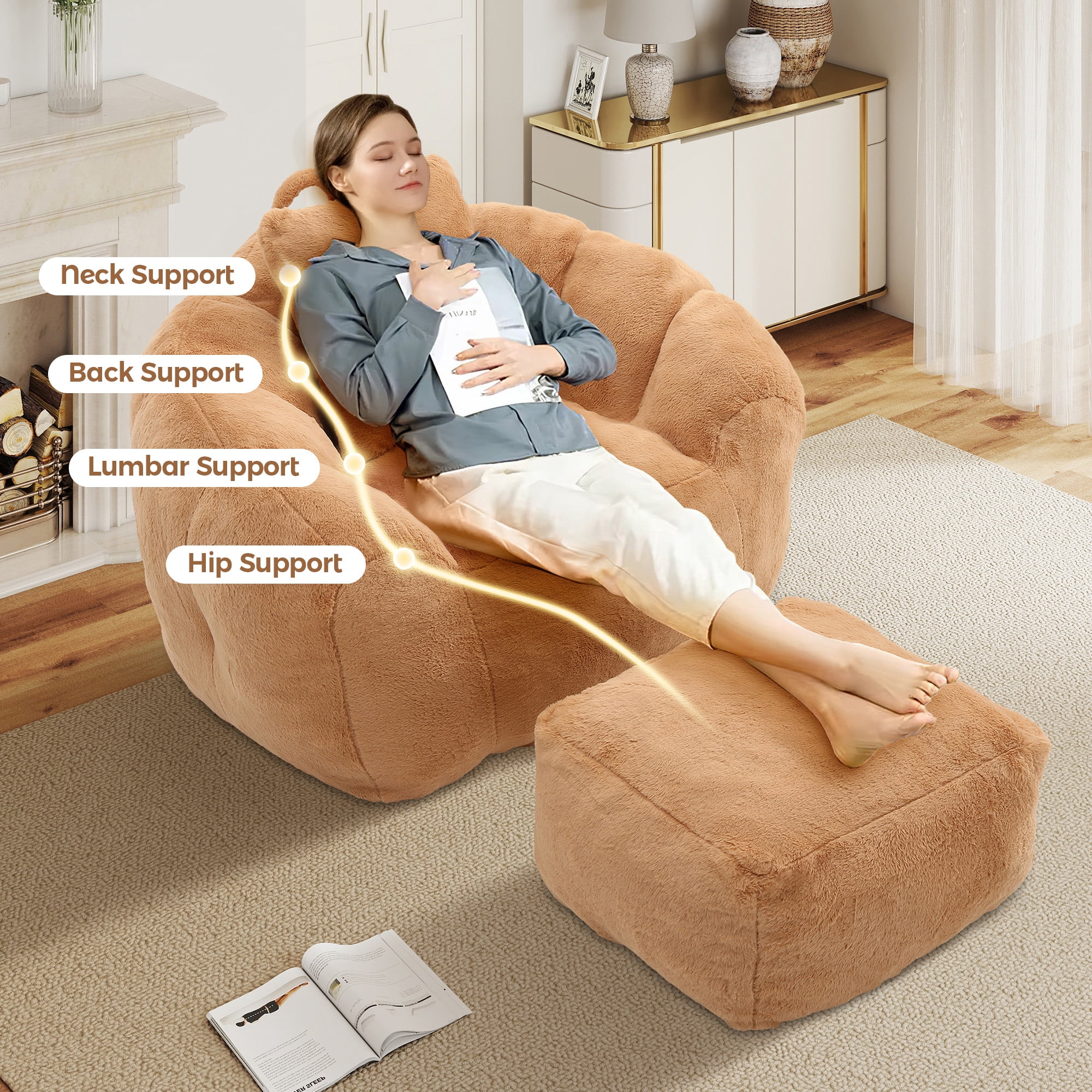 Aukfa Giant Bean Bag Chair,Lounge Chair Floor Lazy Sofa Bed with Ottoman & Pillow,Khaki