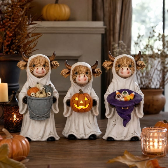 3 Pcs Halloween Highland Cow Figurines, Pumpkin Eyeball Skeleton Decor Halloween Resin Scottish Highland Cow Decor, Halloween Tabletop Centerpiece Decoration for Mantel Shelf Bookshelf Display
