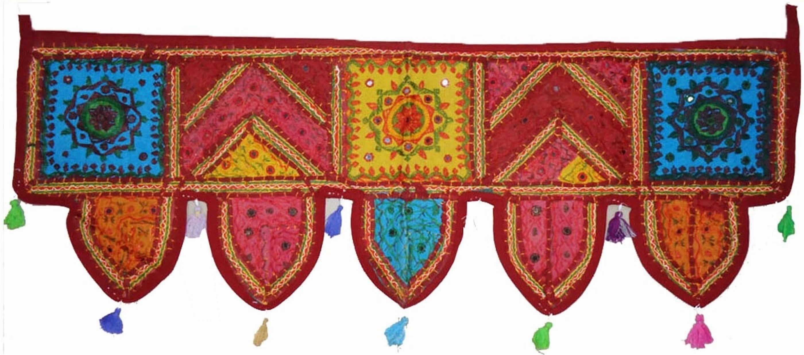 Boho Window Door Toran Valance – Beaded & Mirrored Gate Topper Tapestry with Kantha Embroidery for Wedding or Home Décor