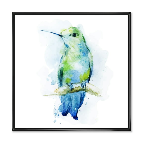 Colibri Bird On Branch 16 in x 16 in Framed Painting Canvas Art Print, by Designart