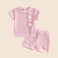 thumbnail image 6 of Auroural toddler girl clothes sets 2t Summer Girls' Clothes Solid Color Children's Stylish Floral Embroidery Round Neck Short-Sleeved Shorts Two-Piece Set, 6 of 9