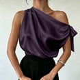 thumbnail image 2 of Women's One Shoulder Satin Blouse Summer Oversized Plain Tie Sleeveless Shirts Elegant Lightweight Office Business Tops Purple, 2 of 6
