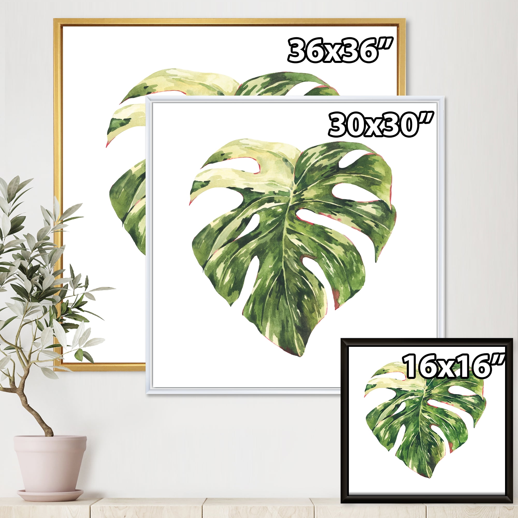 Designart 'Tropical Green Leaves On White In Summer Times III' Tropical Framed Canvas Wall Art Print