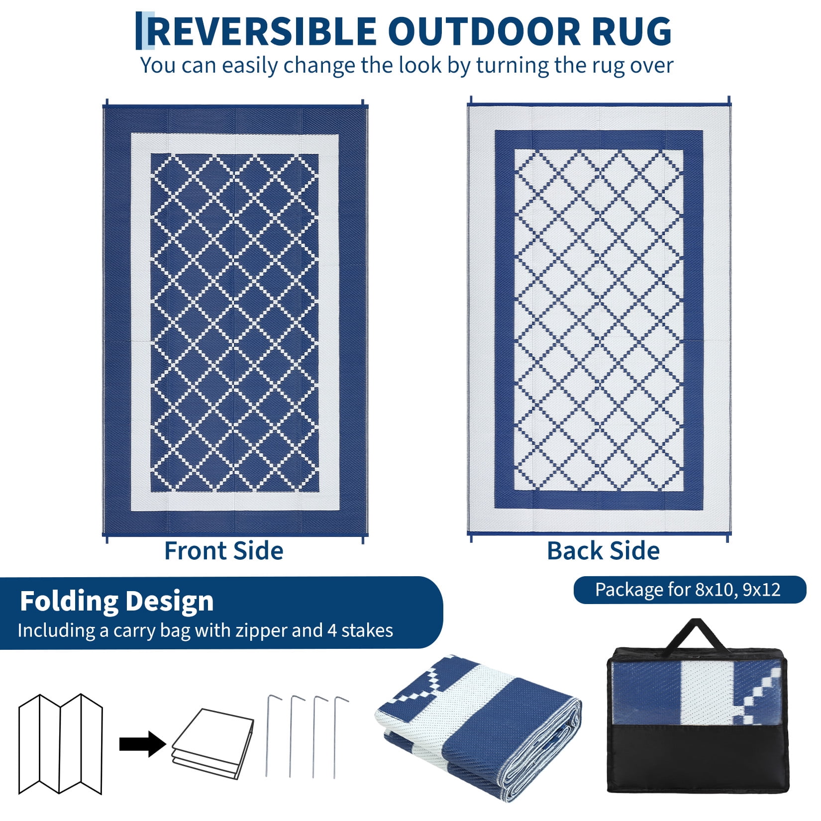 Hasoo 9' x 12' Blue/White Outdoor Rug for Patio Decor Waterproof Plastic Straw Modern Geometric Bordered Carpet PP Tube Woven Portable Camping Mat for Picnic Balcony