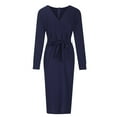 thumbnail image 4 of VSSSJ Women Plus Size Long Sleeve Belted Elegant Dresses Sexy V Neck Wrap Pure Color Split Party Cocktail Bodycon Midi Long Dress Navy XXXXL, 4 of 5
