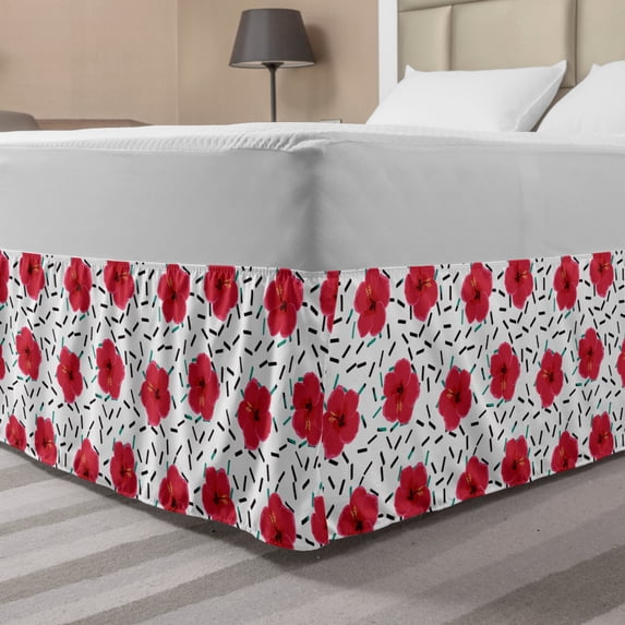 Hibiscus Bed Skirt, Tropical Pattern of Flower Graphic, Elastic Bedskirt Dust Ruffle Wrap Around for Bedding Decor, 4 Sizes, Dark Coral White, by Ambesonne