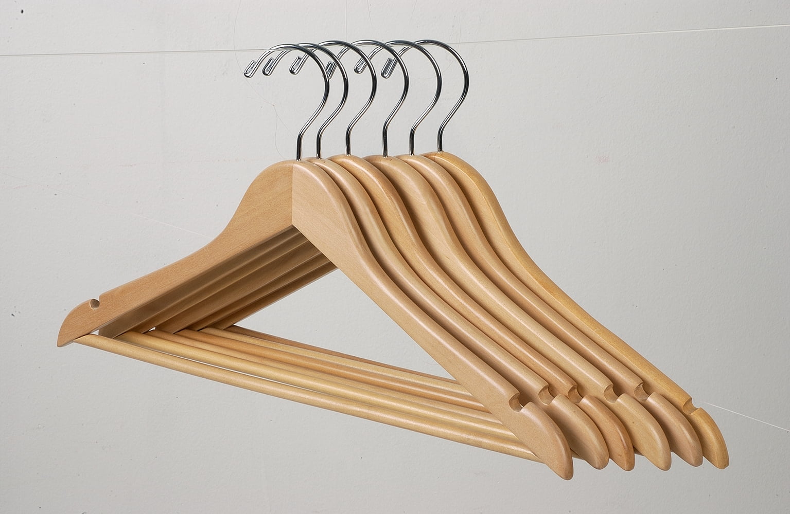 Wood Suit Hanger w/ Solid Wood Bar and Natural Finish, (Box of 25) Space Saving 17 Inch Flat Wooden Hangers w/ Chrome Swivel Hook & Notches for Shirt Dress or Pants by International Hanger