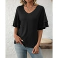 thumbnail image 2 of Womens V-Neck Tops Dressy Double Layer Bell Sleeve 3/4 Length Ruffle Sleeve T Shirts Black L, 2 of 6