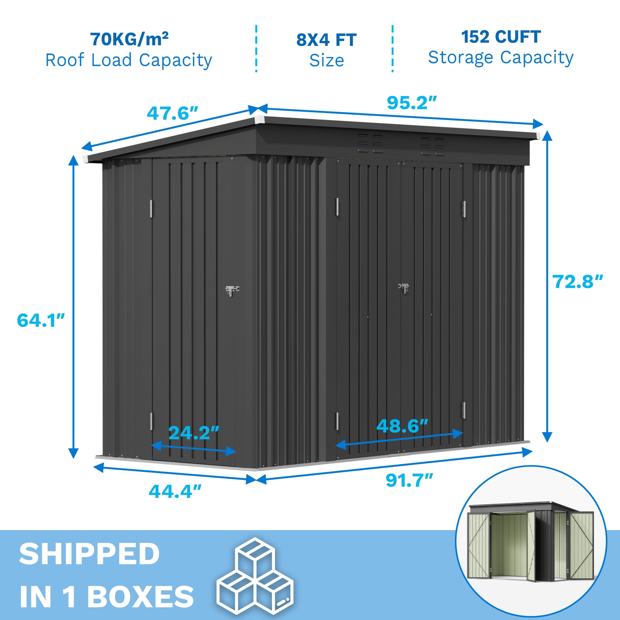 Patiowell 8x4FT Outdoor Metal Storage Shed with 3 Doors, Heavy-Duty Steel Tool Shed, Black Weather-Resistant Utility Cabinet for Garage, Garden