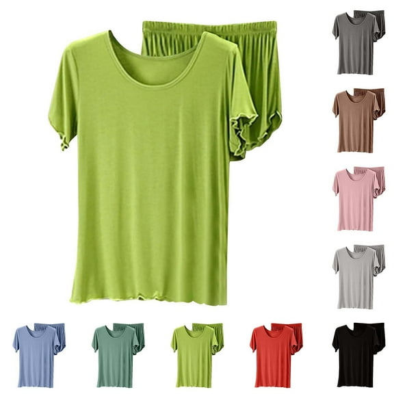 Womens Summer Cotton Pajama Set Short Sleeve Top with Loose Fit Shorts Two Piece Sleepwear
