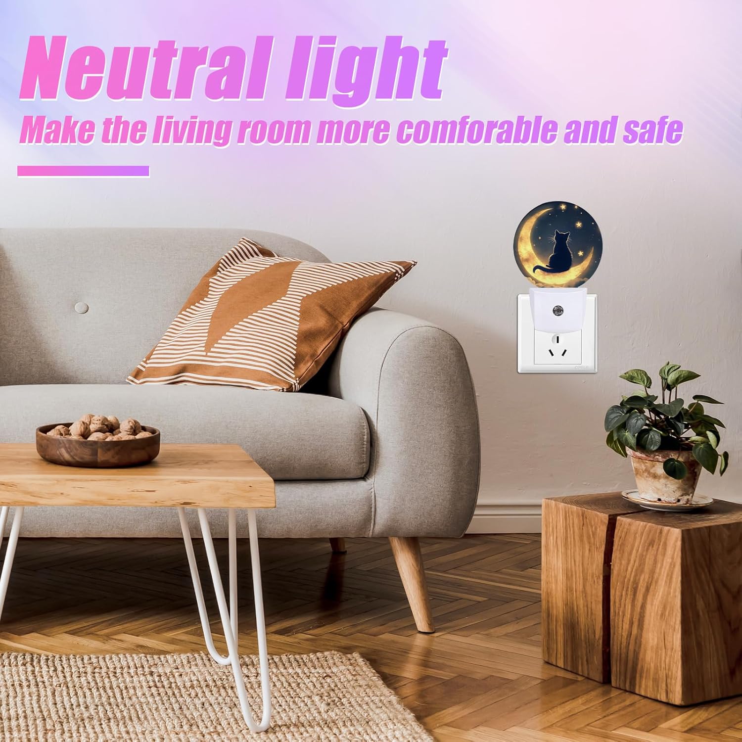 RGHJAR-Cat Moon Night Light Starry Sky Night Lights LED Lamp Round Plug into Wall Nightlight with Dusk to Dawn Sensor Home Hallway Stairway Kitchen Decor