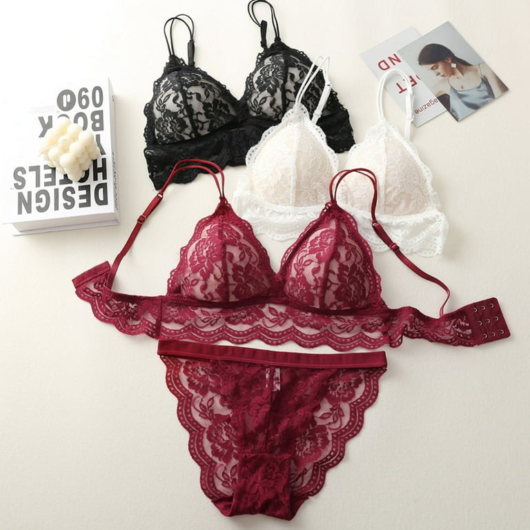 Women Sexy Sheer Embroidery Bra with Panties Set Unpadded Transparent  Underwear